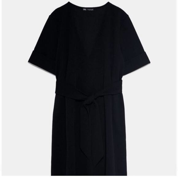 Zara Black Textured Dress with Belt Size Large - Picture 6 of 7